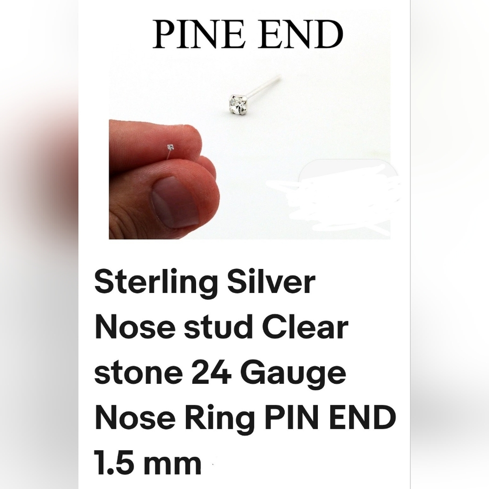 925 Sterling Silver Nose Studs X2 Pine End 24 Gauge 1.5mm Clear Crystal